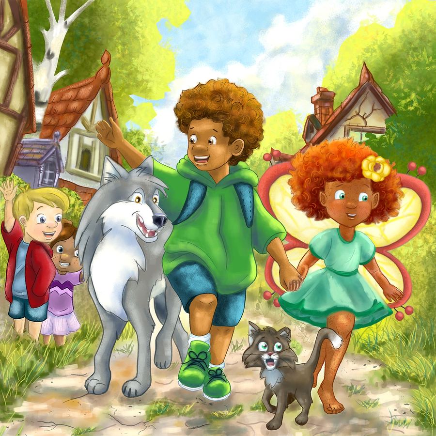 Jack running with fairy friend, wolf and cat through a magical village