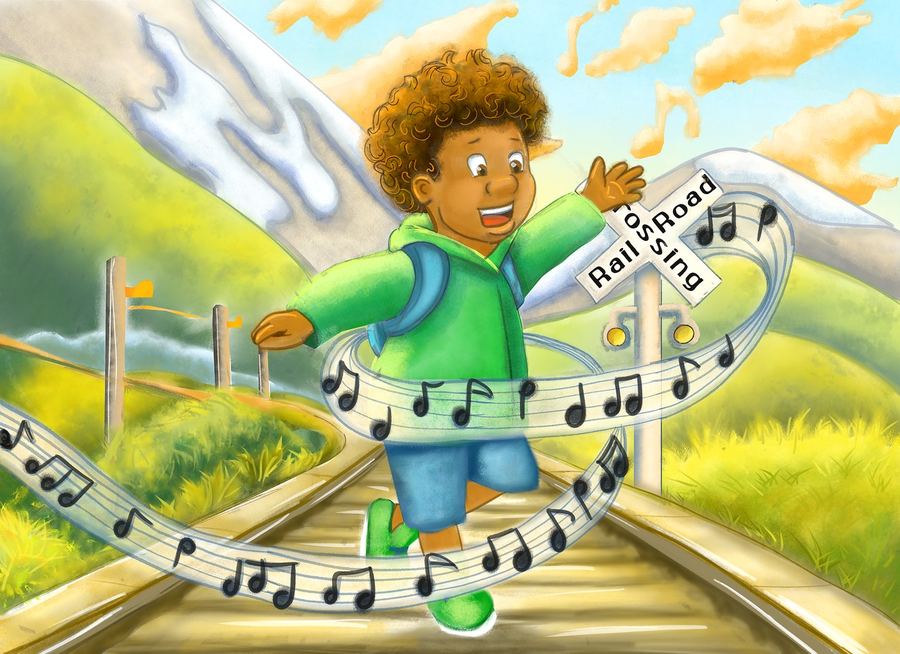 Jack dancing joyfully in a city square with music notes swirling around him